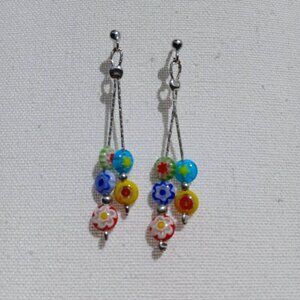 Sterling Silver Millefiori Dangle Drop Earrings Multicolour